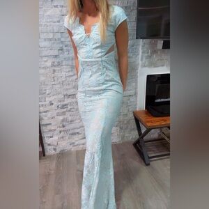 NWT Blue Lace Mesh Detail Open Back Maxi Dress Small from Saved By The D…
